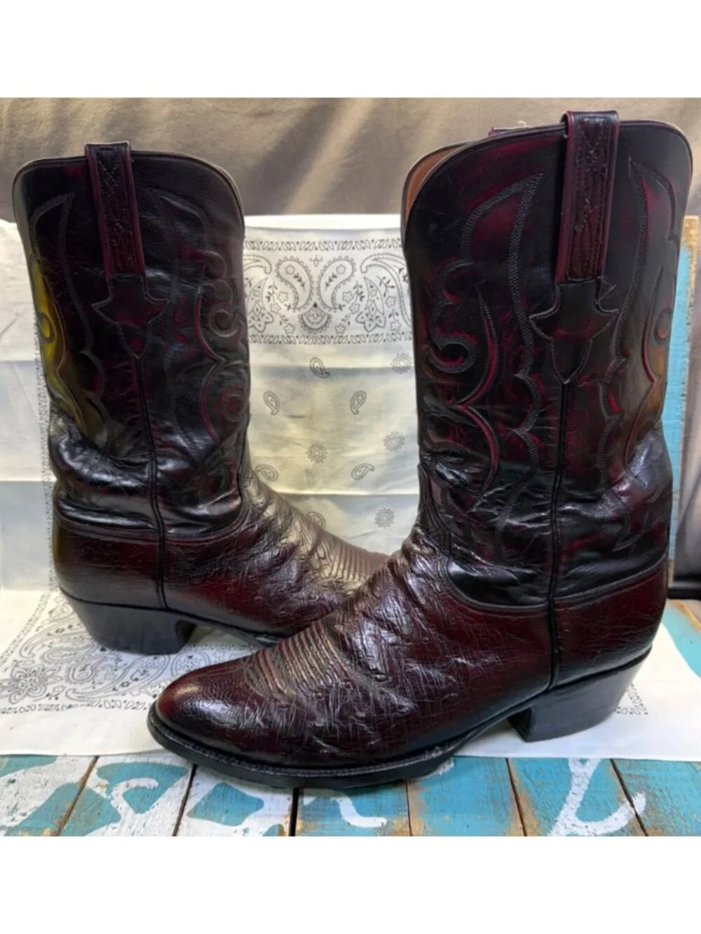 VTG Lucchese Classics Ostrich Cowboy Boots Men 12D Black Cherry Embossed Stitch